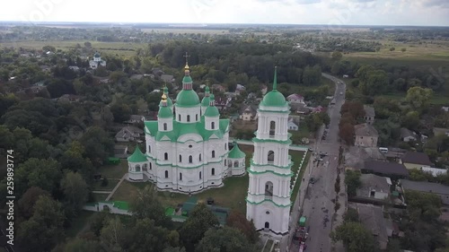 Aerail view to Cathedral Nativity Blessed Virgin in Kozelets, Chernihiv region, Ukraine. An important architectural monument in style of Ukrainian and Elizabethan baroque built in 1752-1763 years photo