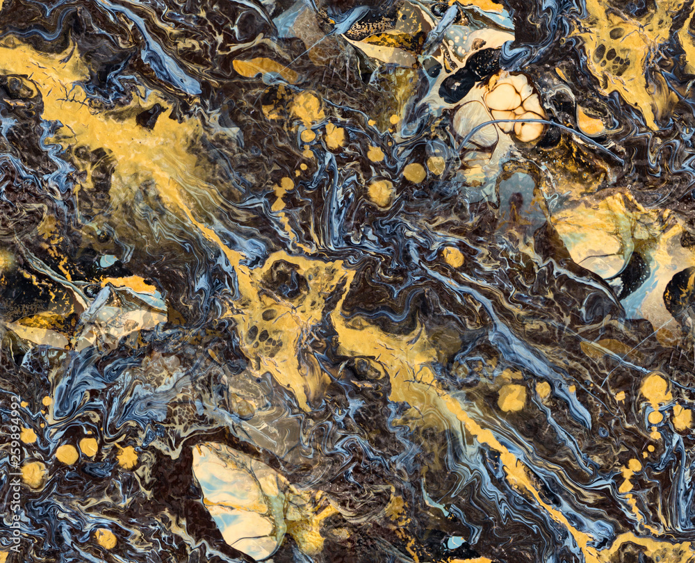 Gold, brown and blue fluid acrylic pour painting as seamless surface pattern design