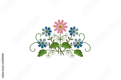 White background with pattern for embroidery satin stitch a bouquet with marguerite,violets and white flowers on spun twigs and leaves 