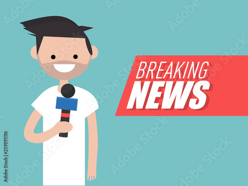 Breaking news,Young character reporter holding a microphone.Flat cartoon design