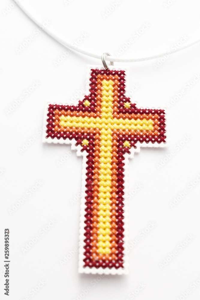Handmade Cross Stitch Necklace Red Orange Yellow Cross