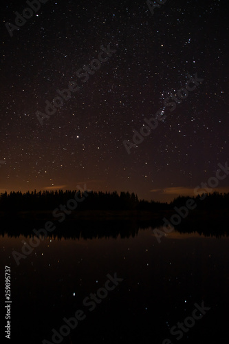 Night sky with starts in a Conemara lake with Pine Forest around