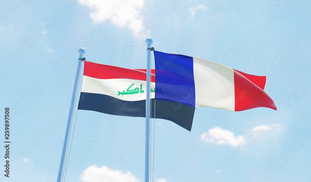 France and Iraq, two flags waving against blue sky. 3d image France and Iraq, two flags waving against blue sky. 3d image