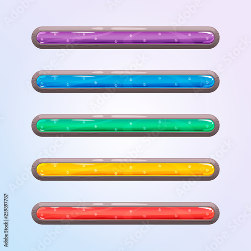 Set of five game resource bar in stone frame. Cartoon style gui elements for mobile game. Vector design template for game, web development.