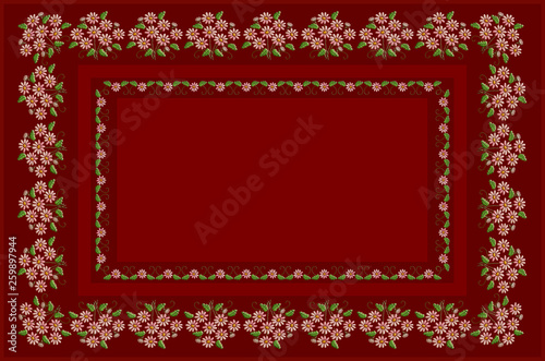 Pattern for embroidery satin stitch on a tablecloth of burgundy shades, of bouquets with pink marguerite and delicate white flowers, spun twigs with leaves 