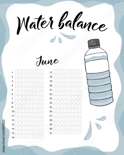 Water balance vector calendar. Water monthly tracker. Water consumption per week and month June