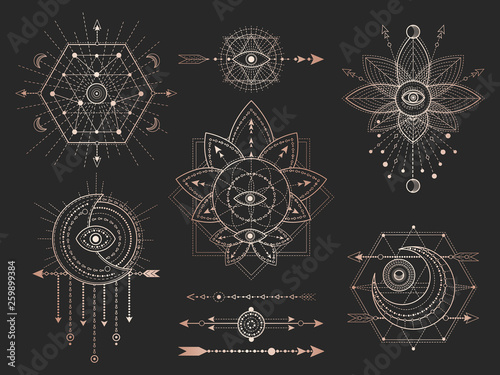 Vector set of Sacred geometric symbols and figures on black background. Gold abstract mystic signs collection.