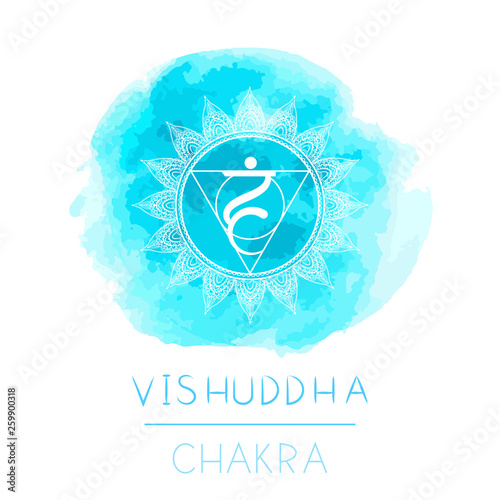 Vector illustration with symbol chakra Vishuddha and watercolor element on white background.