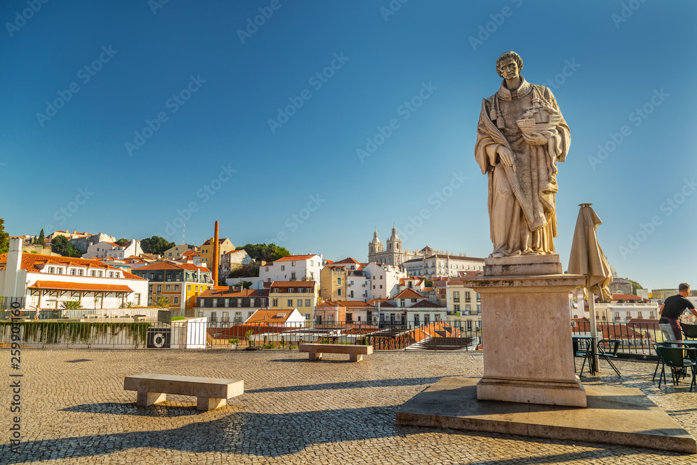 Portas do Sol terrace and square with Saint Vicncent statue in Alfama, historical centre of Lisbon