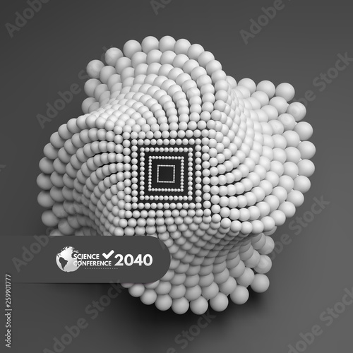 3D abstract spheres composition. Science conference. Can be used for online courses, master class, seminar, presentation, webinar or lecture. Vector illustration for banner, poster and flyer.