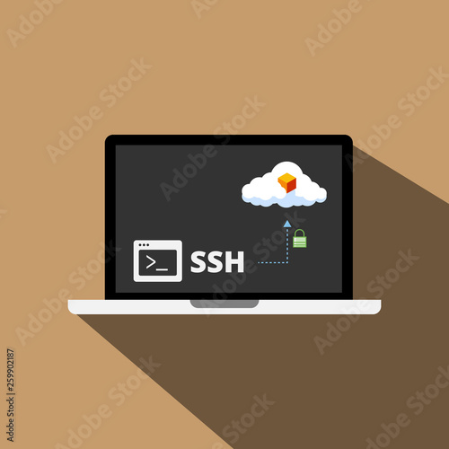 Secure Shell (SSH) concept illustration is a cryptographic network protocol for operating network services securely over an unsecured network.