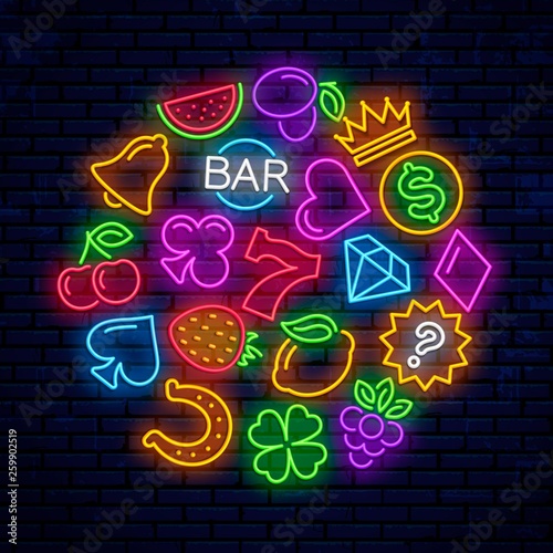 Vector gaming neon icons for casinos. Signs for slot machines.