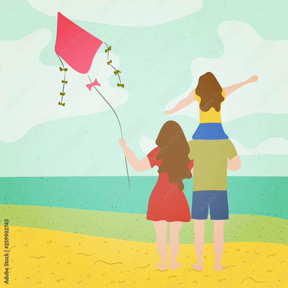 A young family with a child watching the sea on the beach with a kite in their hands. Summer season holiday vacation concept. Vector modern trendy