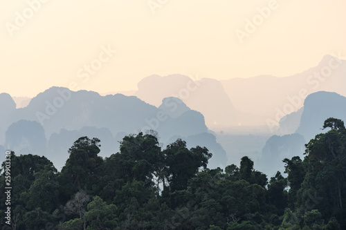 Landscape view from the height of silhouettes tropical hazy mountains perspective and the green jungle trees in the foreground