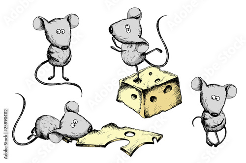 Cute little mouses and cheese sketch in color. Nice positive illustration, clip art, scrapbooking graphic on white background photo