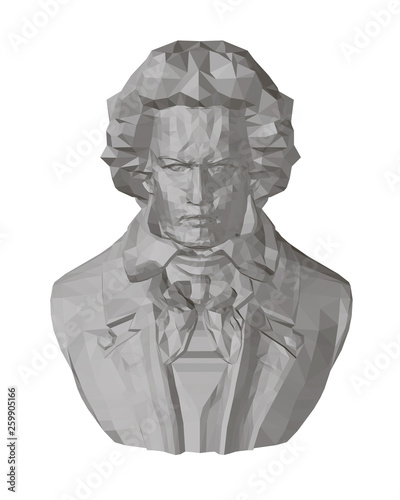 Bust of Beethoven. Polygonal bust of Beethoven 3D. Front view. Beethoven sculpture. Vector illustration