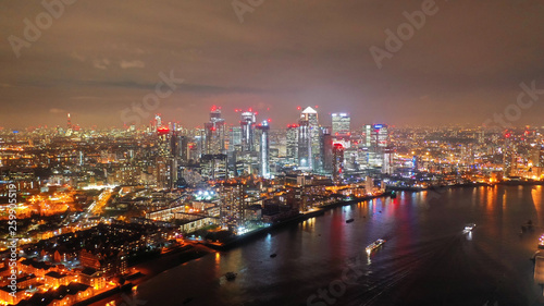 Aerial drone night shot from iconic Greenwich Peninsula in the heart of London, United Kingdom © aerial-drone
