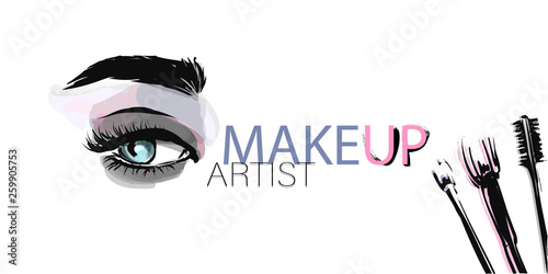 Hand drawn women eye and makeup brushes. Vector template. Beauty industry, make-up