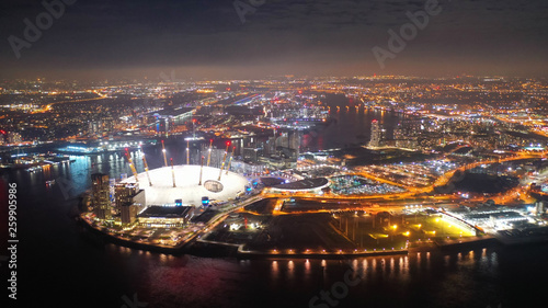 Aerial night shot from iconic O2 Arena in Greenwich Peninsula, London, United Kingdom