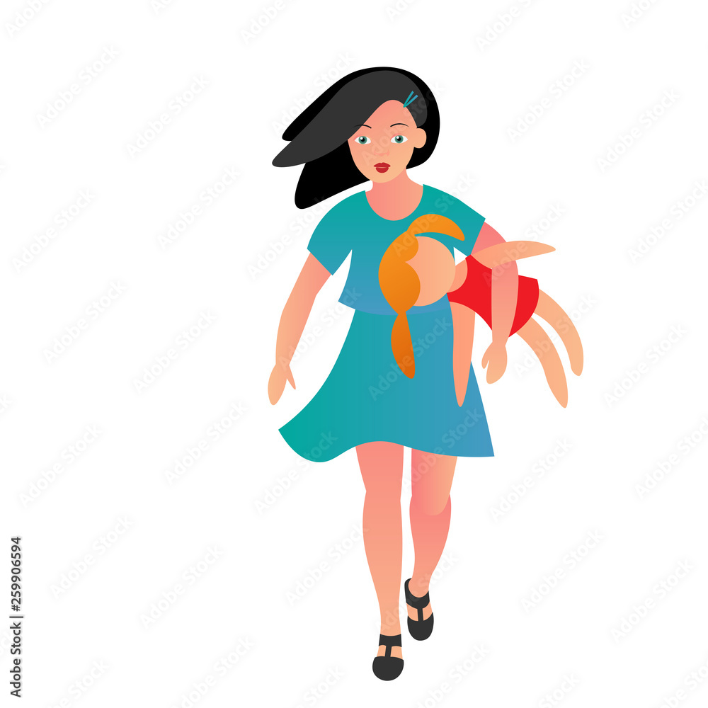 Beautiful little black-haired girl in a blue summer dress with a rag doll in her hands. Isolated on white, flat style, vector illustration