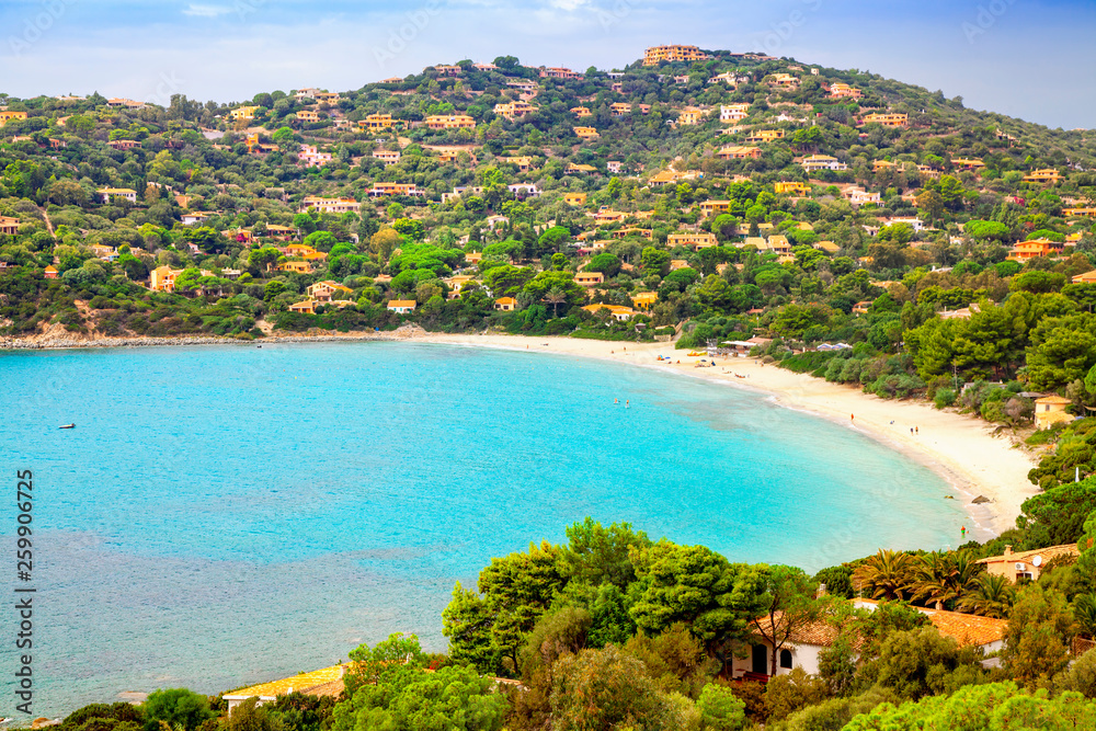 Bay at the Mediterranean sea in Torre delle Stelle, South Sardinia, Italy. Beaches and villas in Sardinia.
