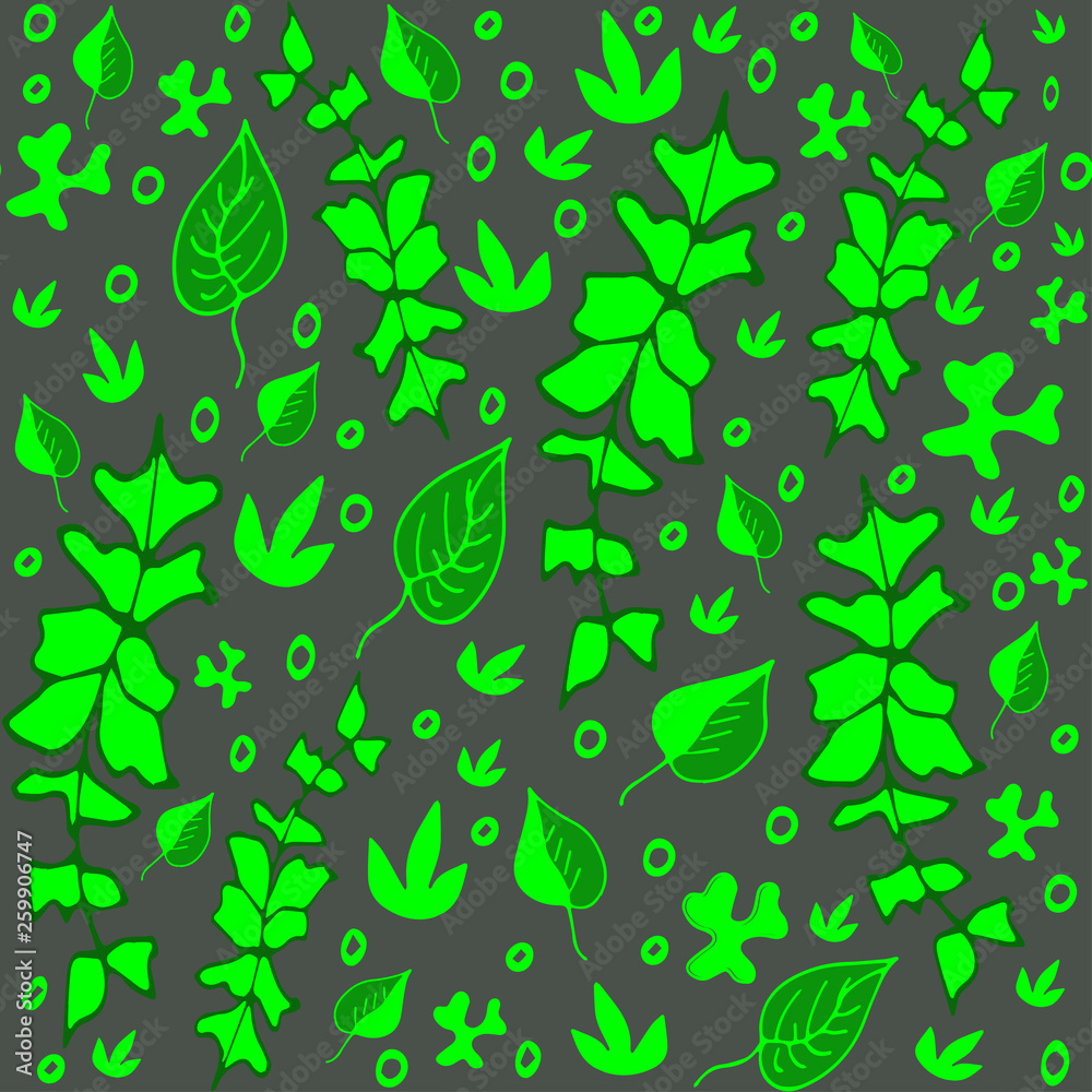 Obraz premium Seamless pattern with green leaves of different sizes on a dark gray background