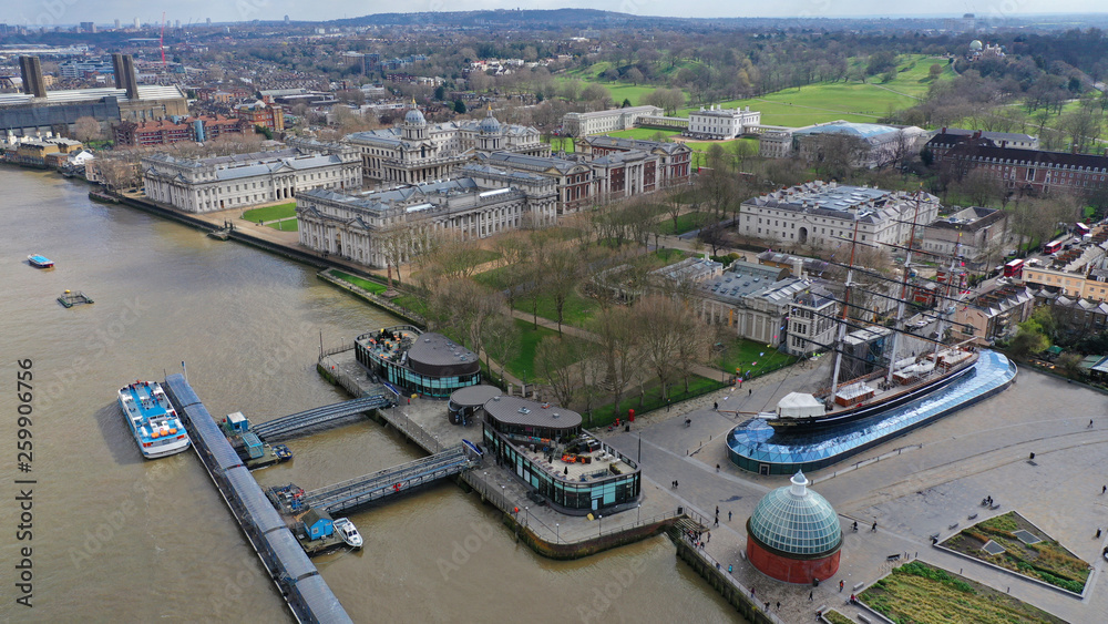 Aerial drone photo of famous Cutty Sark the only tea clipper survived and used as a museum next to Greenwich pier, London, United Kingdom