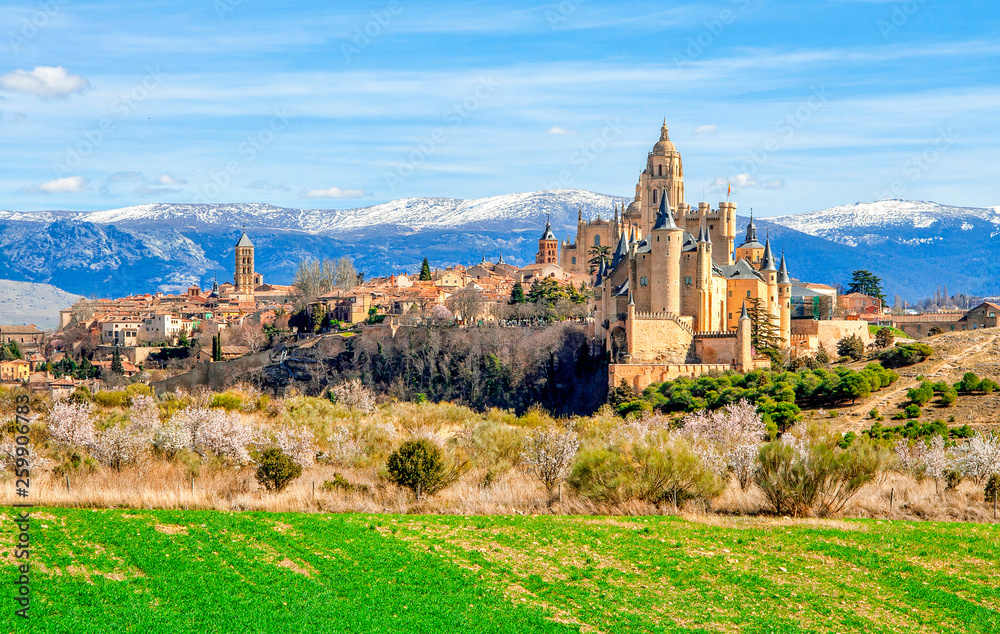Segovia Cathedral and Alcazar located in the main square of the city of Segovia in Spain.