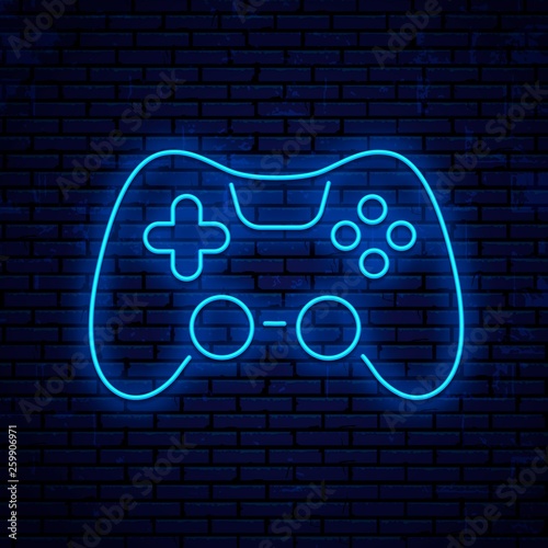 Joystick icon. Neon sign design. Neon glowing icon. Vector Illustration