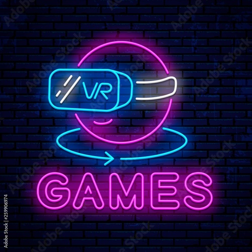 Games with glasses of virtual reality. Neon sign design. Neon glowing icon. V...