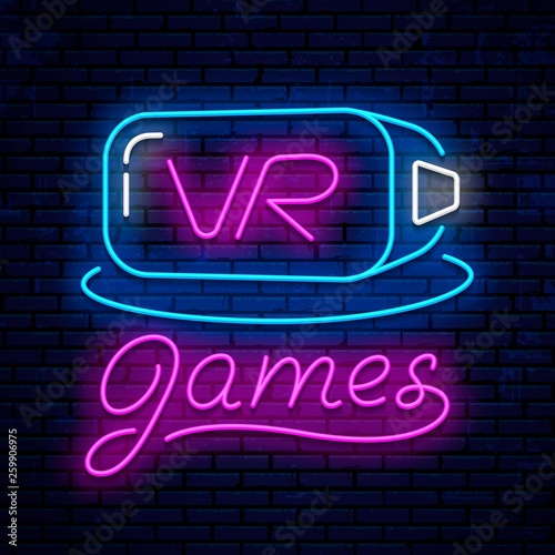 Virtual reality. Neon sign design. Neon glowing icon. Vector Illustration