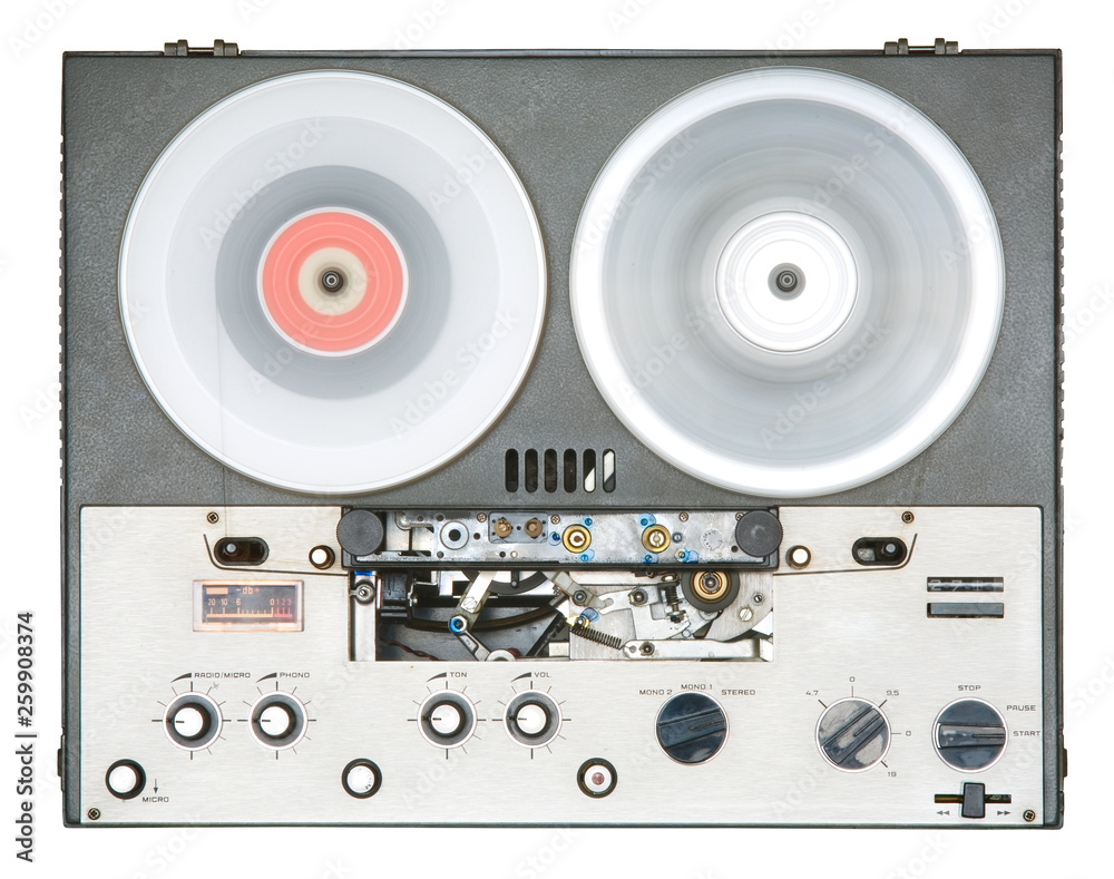 vintage reel to reel tape recorder, open reel audio recorder. Isolated on  white, nostalgic audio gear Stock Photo