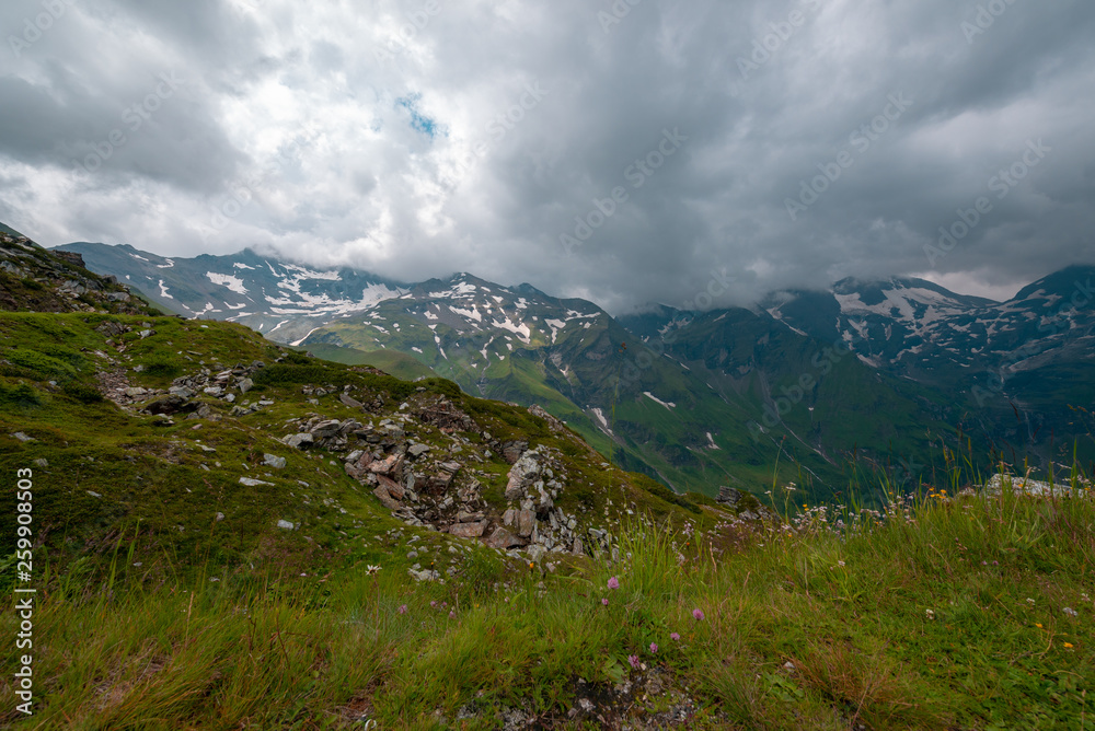 Swiss mountains before storm clouds