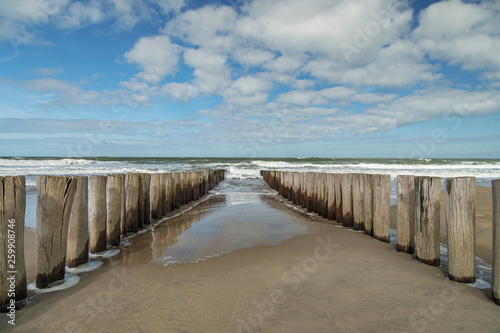 Close-Up to Timber Piles at Domburg Beach at High Tide   Netherlands