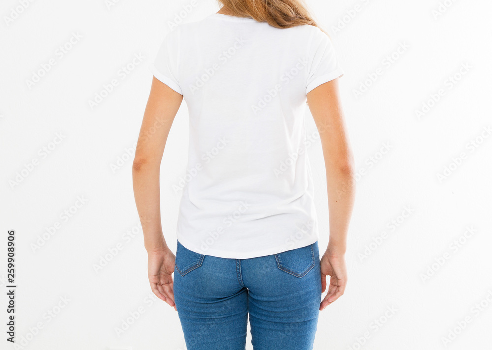 back view: woman in white t-shirt mock up isolated, t shirt female, blank tshirt back view: woman in white t-shirt mock up isolated, t shirt female, blank tshirt