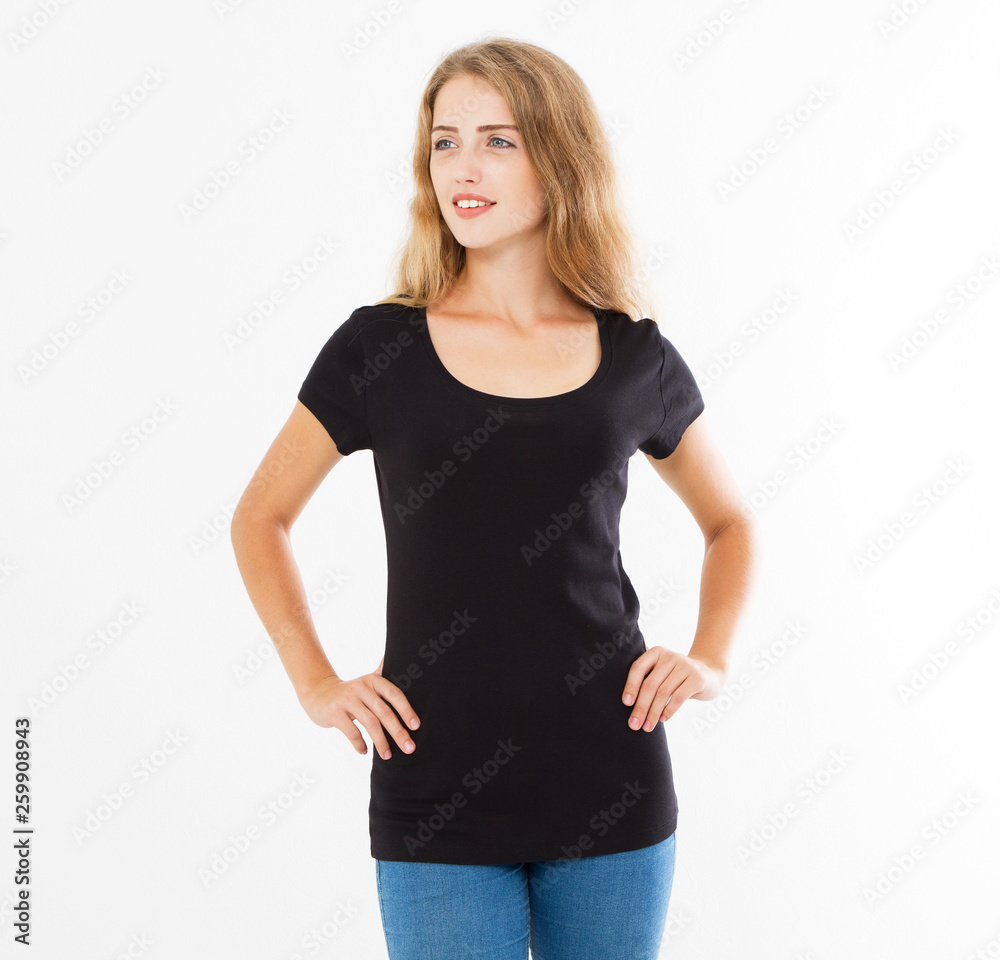 woman in black t-shirt mock up isolated, t shirt female, blank tshirt woman in black t-shirt mock up isolated, t shirt female, blank tshirt