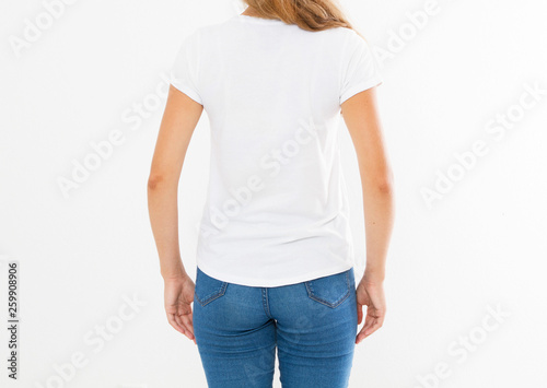 back view: woman in white t-shirt mock up isolated, t shirt female, blank tshirt