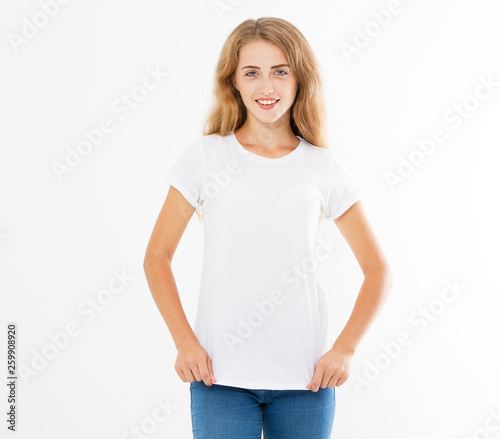 Teen girl posing in white t shirt set , copy space , blank tshirt , empty t-shirt woman