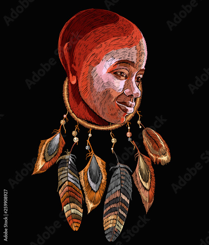 Embroidery, african tribal woman. Ethnic art. Template for clothes, t-shirt design