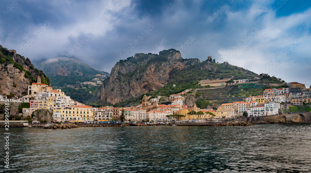 Water front landscape of Amalfi town, Italy.