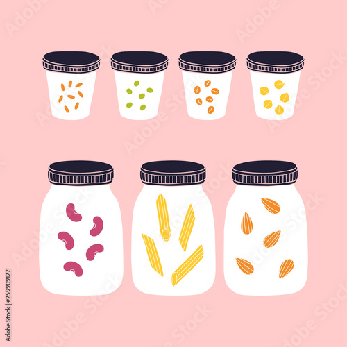 Glass jars with grains, nuts, paste. Zero waste illustration. Vector illustration