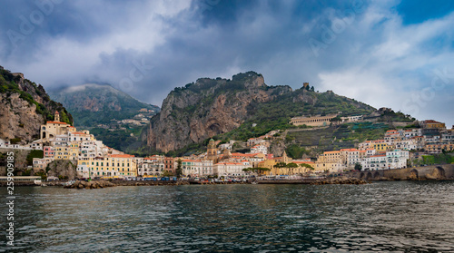 Water front landscape of Amalfi town, Italy.