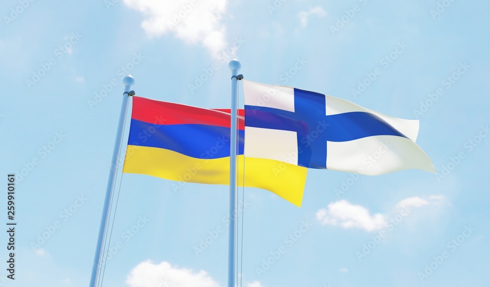 Finland and Armenia, two flags waving against blue sky. 3d image