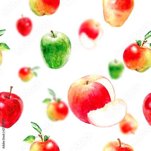 Fototapeta Naklejka Na Ścianę i Meble -  Watercolor hand drawn apples isolated seamless pattern.