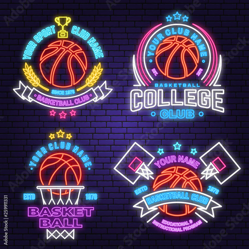Set of basketball club neon design or emblem. Vector. Graphic design for t-shirt, tee, apparel. Vintage typography design with basketball hoop and ball silhouette. Night neon signboard