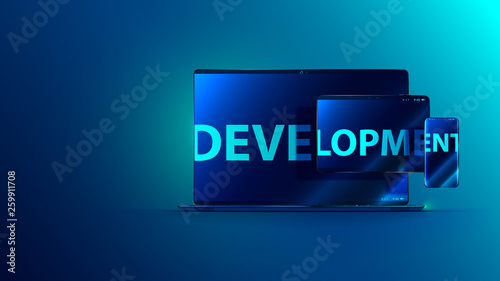Development software. Technology business programming and coding app. Word development on screen of laptop, tablet, phone. Abstract cross platforms computer program on different device. Concept banner