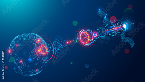 Telecommunications satellite broadcasting a abstract signal in space earth. Communication satellite antenna or dish transmits data of global internet network or tv throughout the world. Concept tech.
