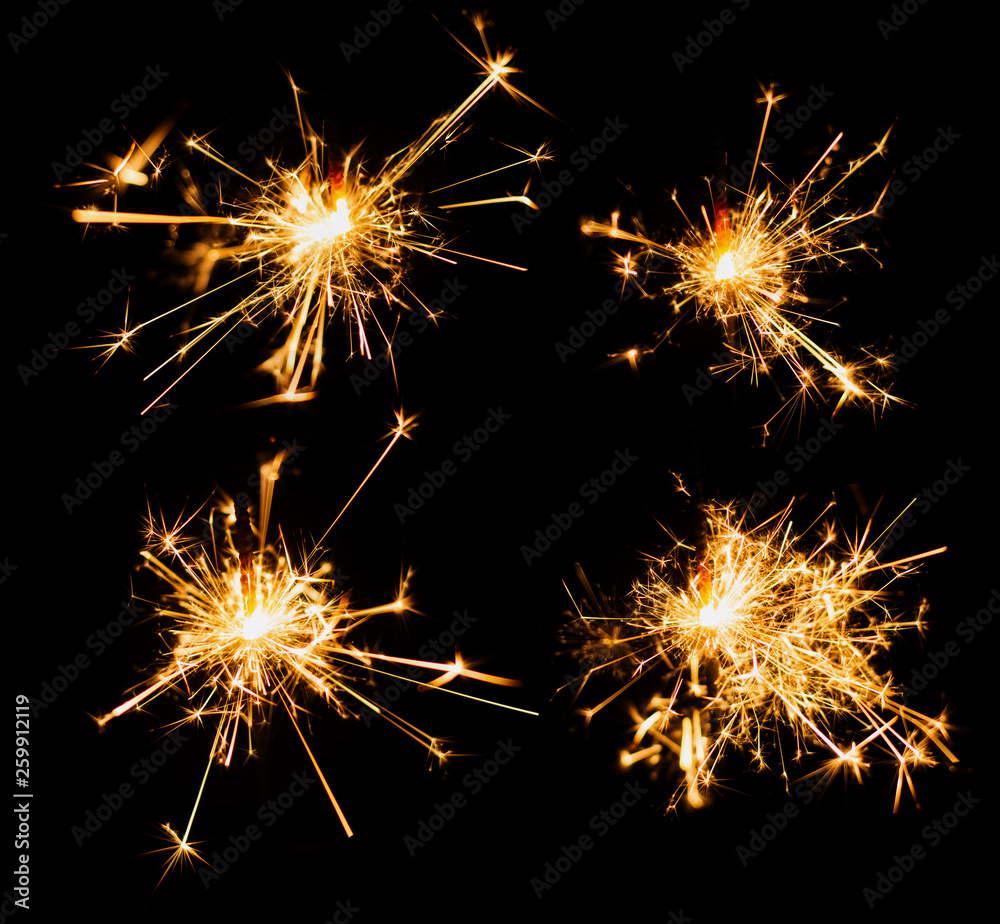 Sparkler burn set isolated on black background with clipping path