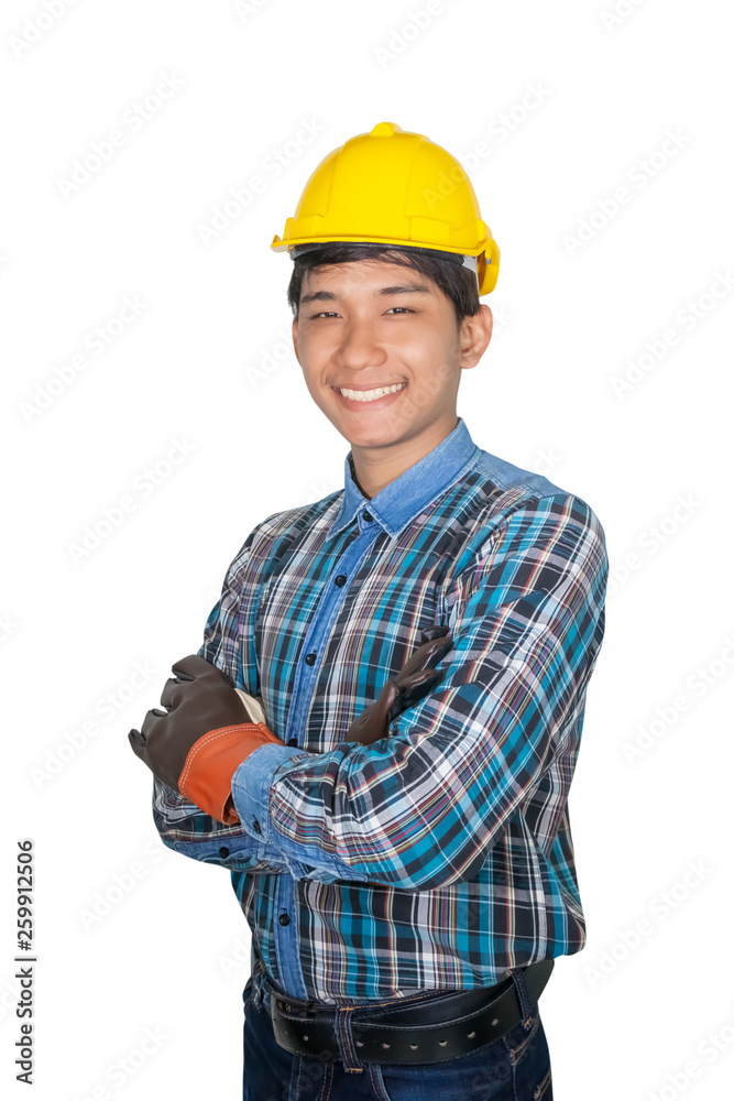 Engineering smile construction arm cross on chest and wear Leather gloves with yellow safety helmet plastic isolated on white background Engineering smile construction arm cross on chest and wear Leather gloves with yellow safety helmet plastic isolated on white background