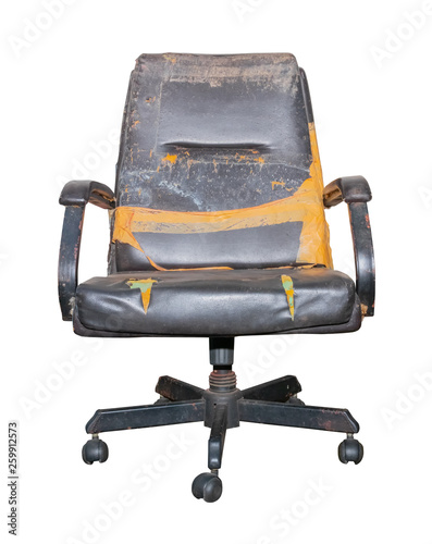 Black Office Chair old damage leather and dirty isolated on white background, with clipping path